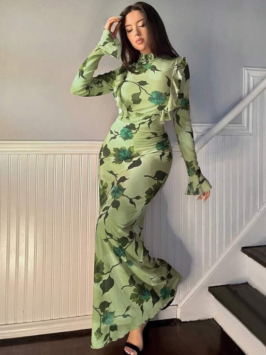 Dresses & Skirts - Green Floral Open-Back Maxi Dress - S